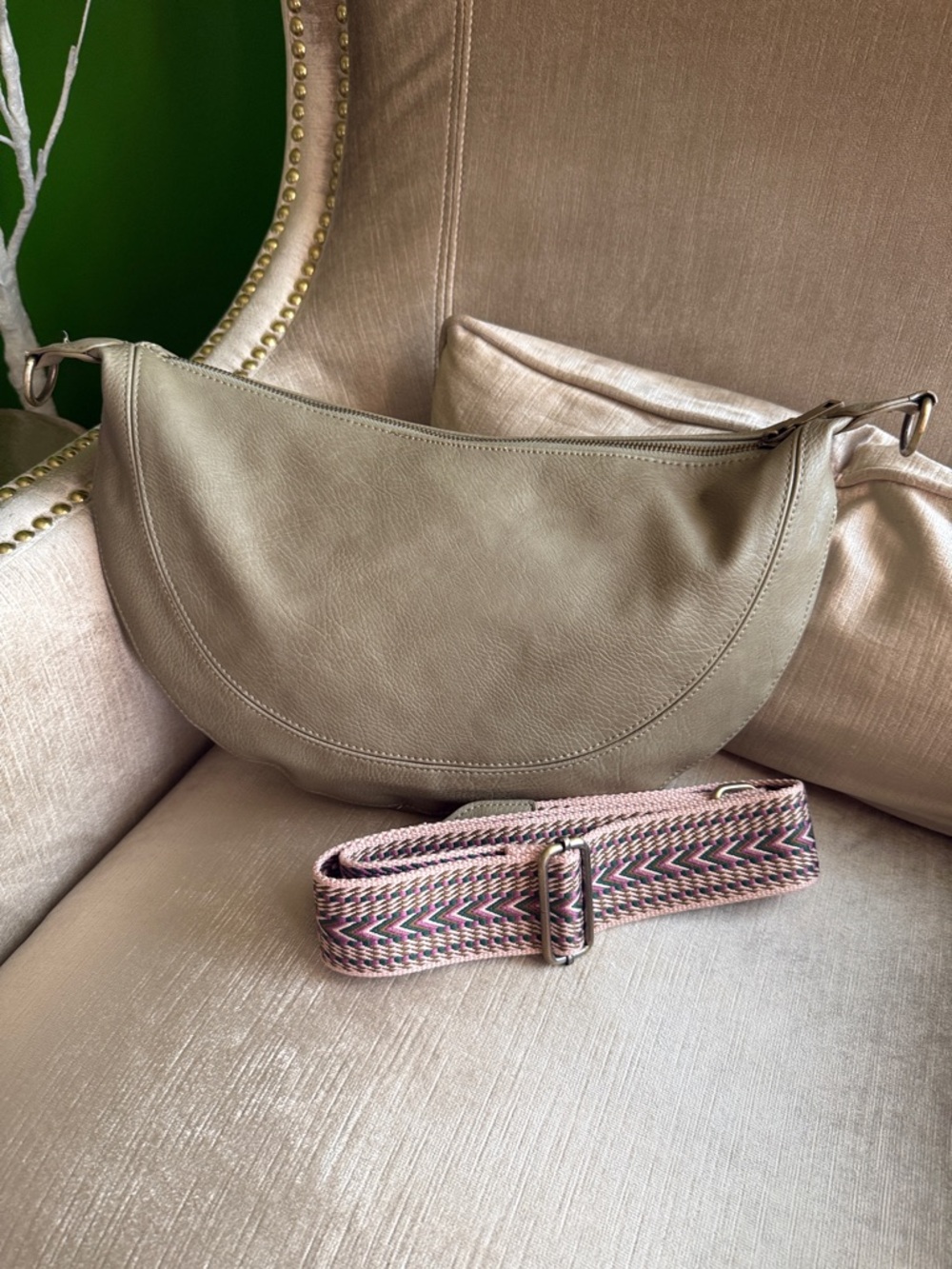 Stylish Tan Crossbody Bag with Patterned Strap